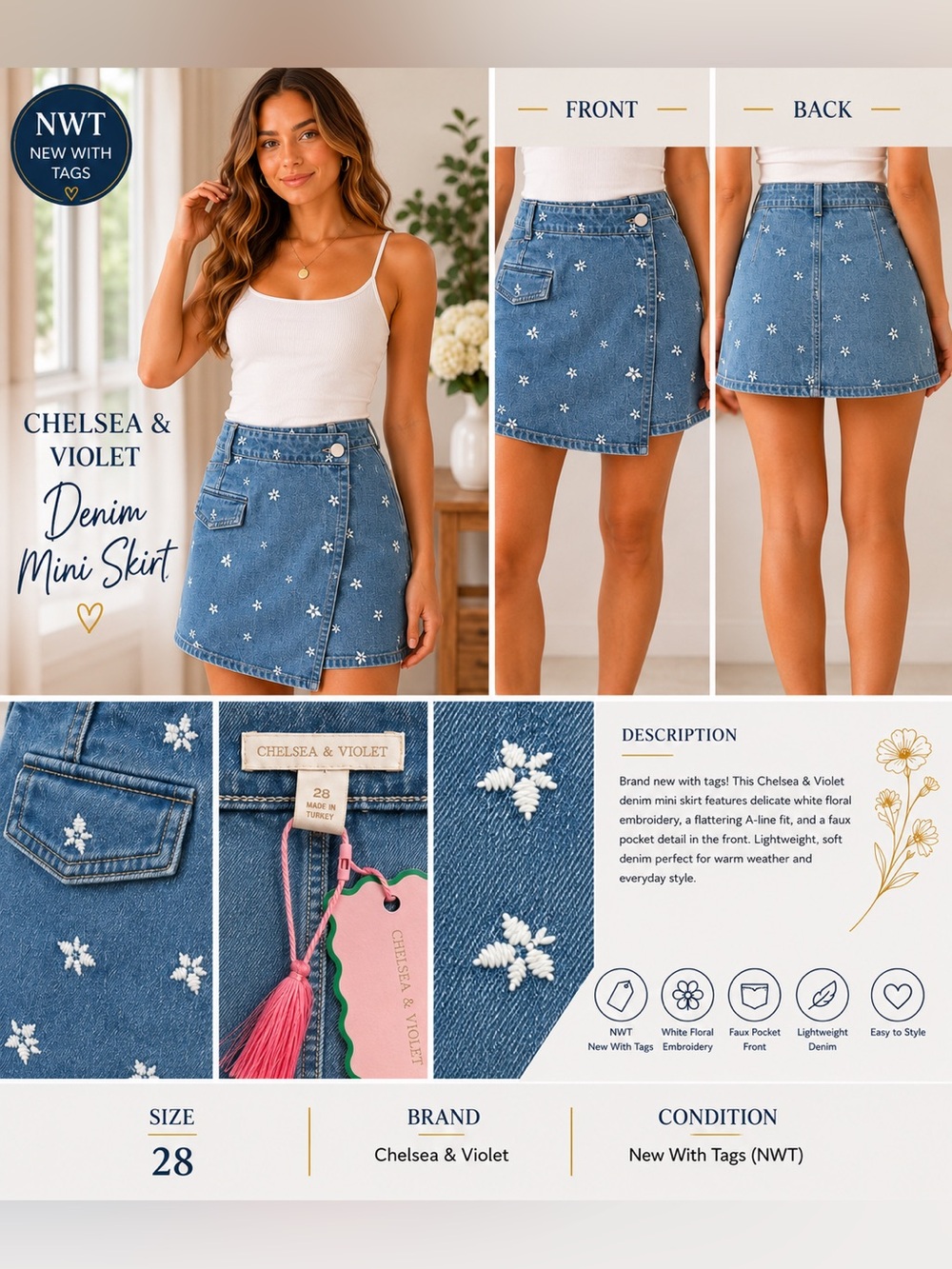 Chelsea & Violet Embroidered Denim Mini Skirt NWT Size 28 - Picture 2 of 14